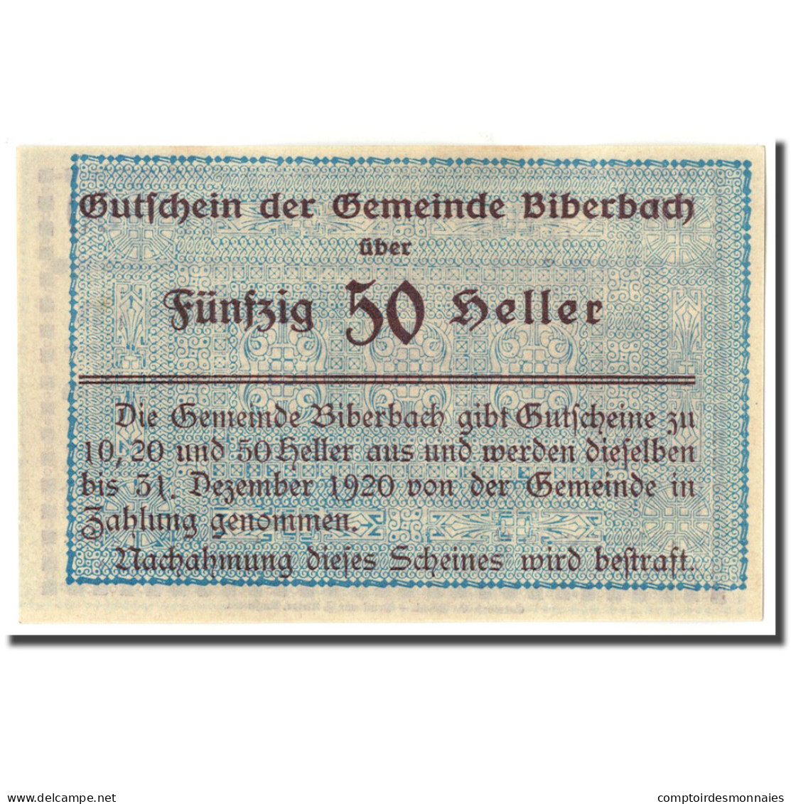 Billet, Autriche, Biberbach, 50 Heller, Paysage, SPL, Mehl:86 Ia - Oesterreich