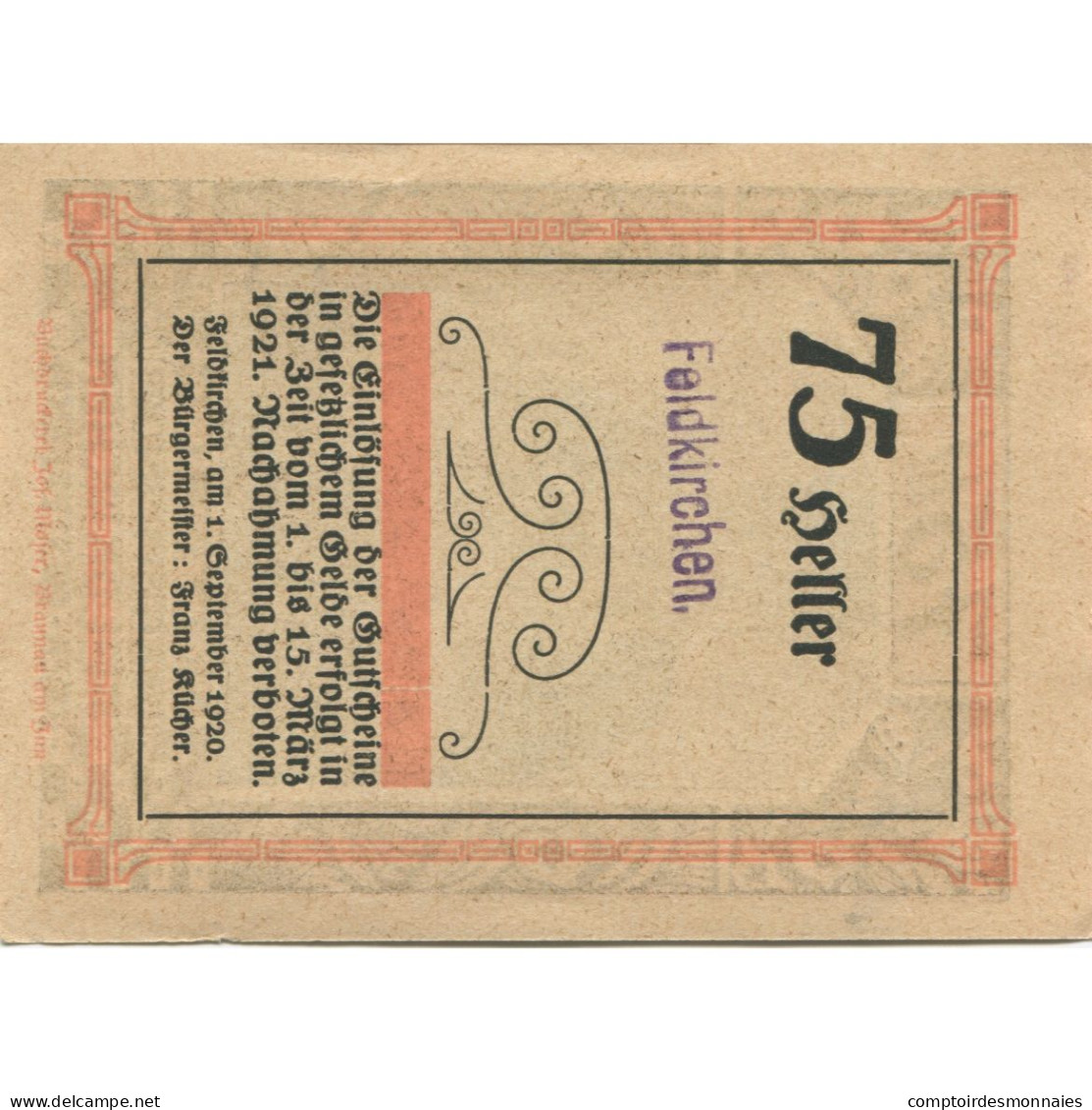 Billet, Autriche, Feldkirchen, 75 Heller, Eglise 1921-03-15, SPL, Mehl:FS 196a - Oesterreich