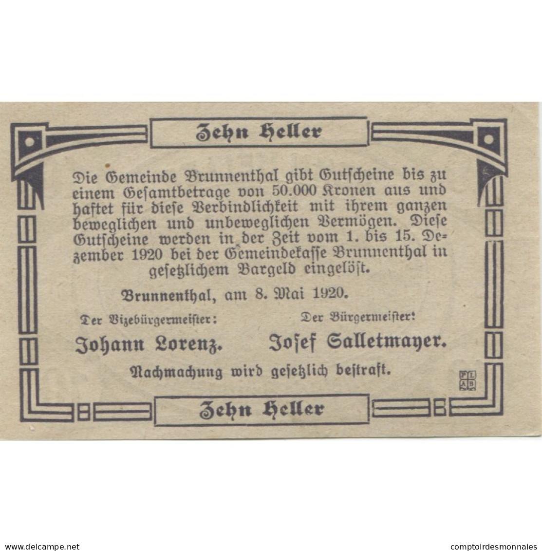 Billet, Autriche, Brunnenthal, 10 Heller, Gare 1920-12-15, SPL, Mehl:FS 111a - Oesterreich