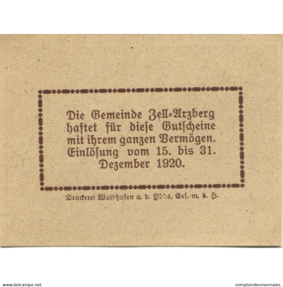 Billet, Autriche, Zell Arzberg, 30 Heller, Ferme 1920-12-31, SPL, Mehl:FS 1273a - Austria