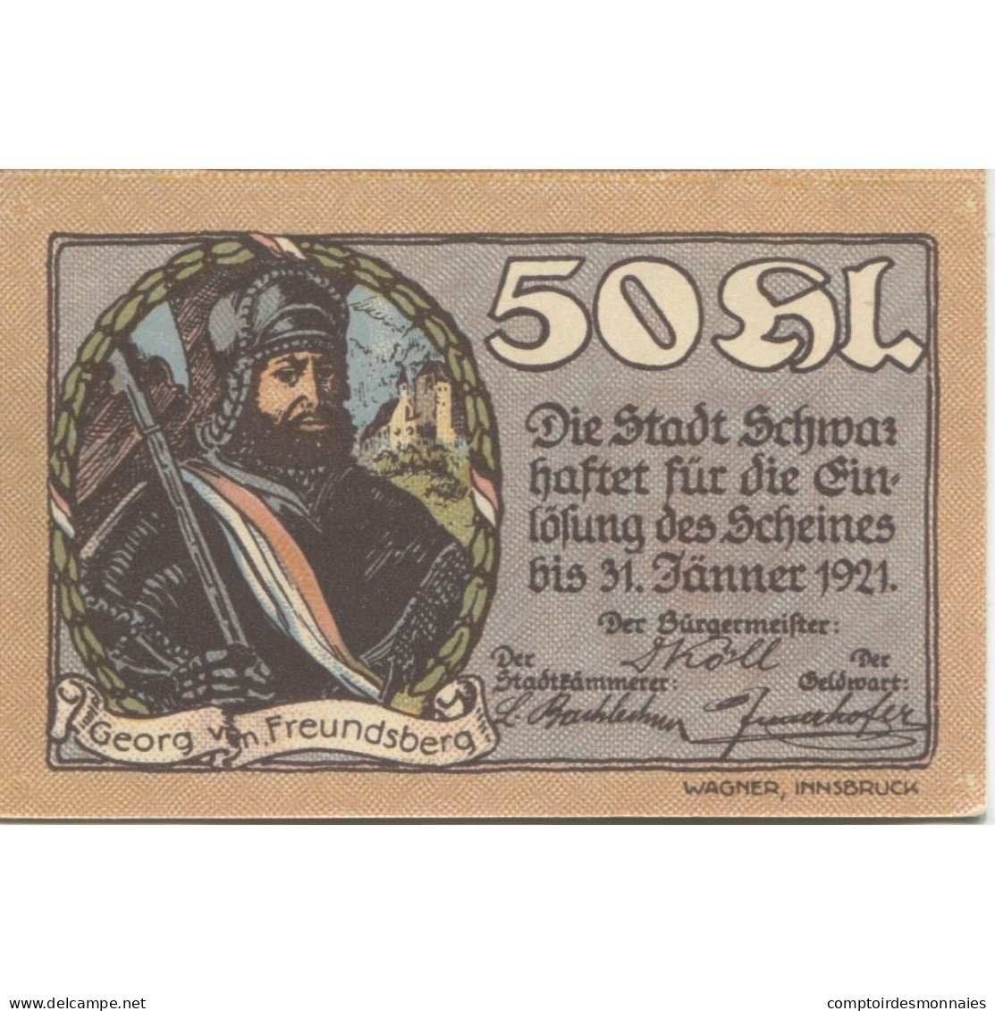 Billet, Autriche, Schwaz, 50 Heller, Château 1920-12-31, SPL, Mehl:FS 983a - Austria