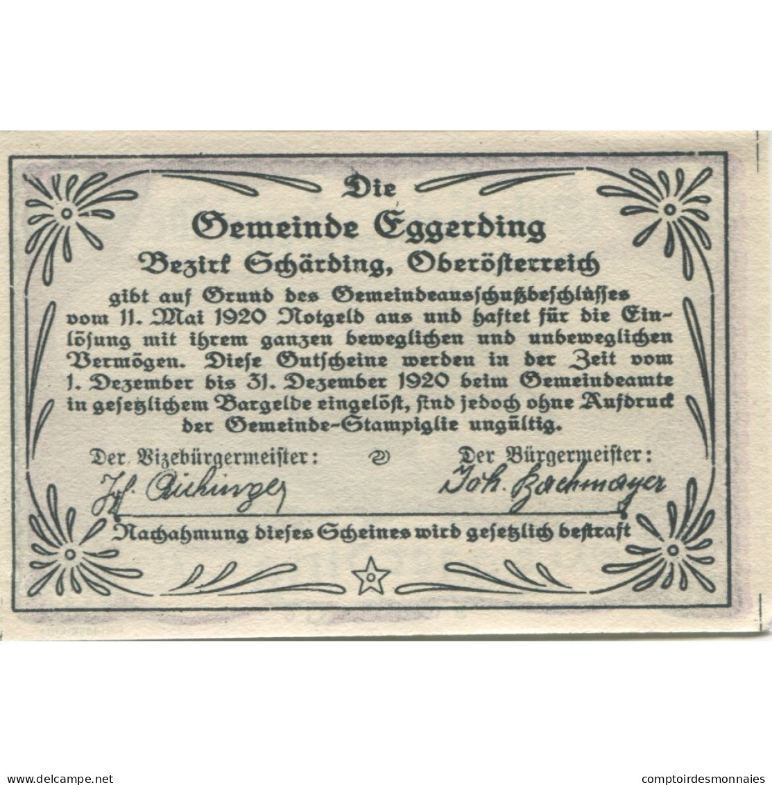 Billet, Autriche, Eggerding, 30 Heller, Château 1920-12-31, SPL, Mehl:FS 166a - Oesterreich