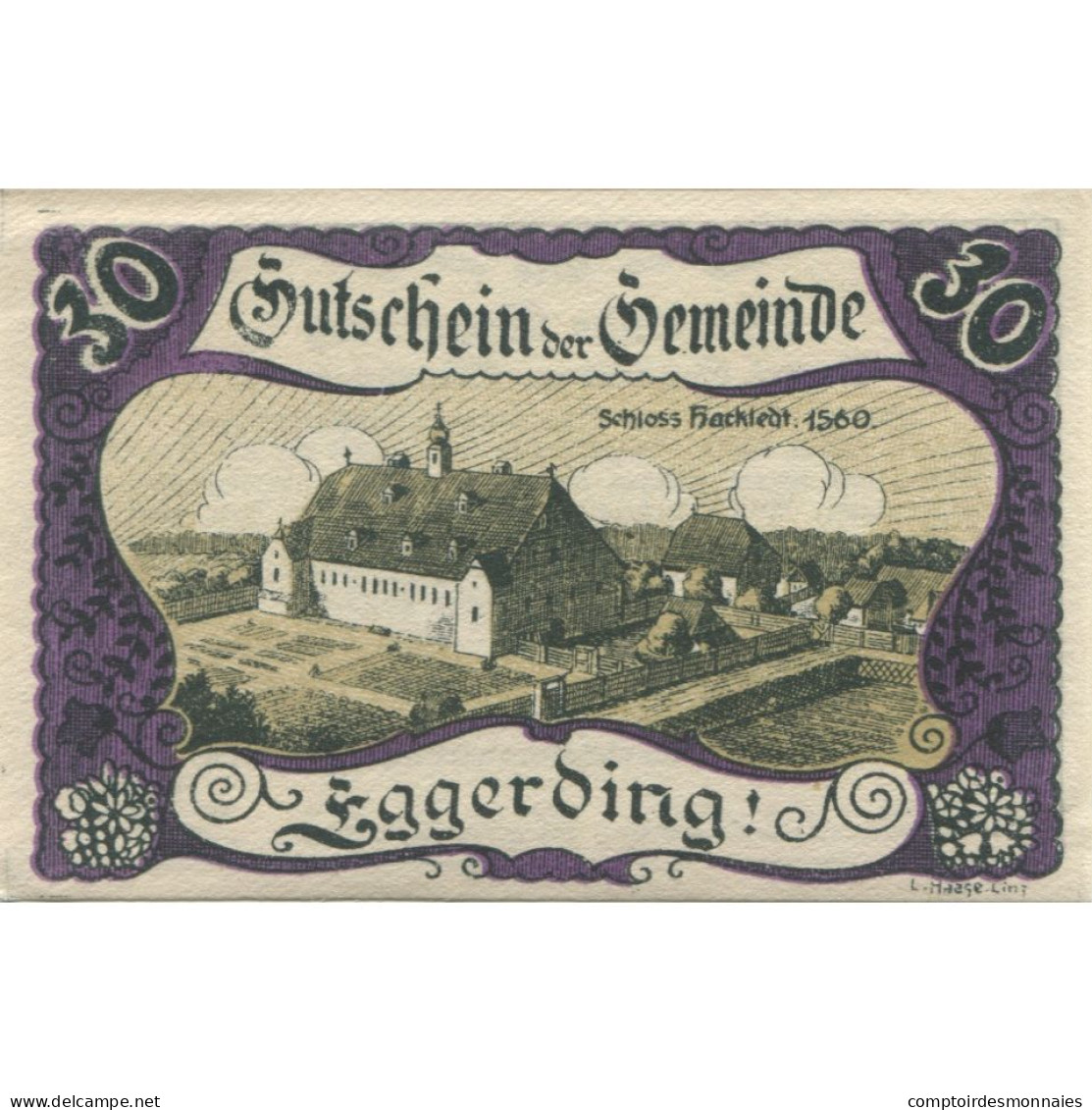 Billet, Autriche, Eggerding, 30 Heller, Château 1920-12-31, SPL, Mehl:FS 166a - Oesterreich