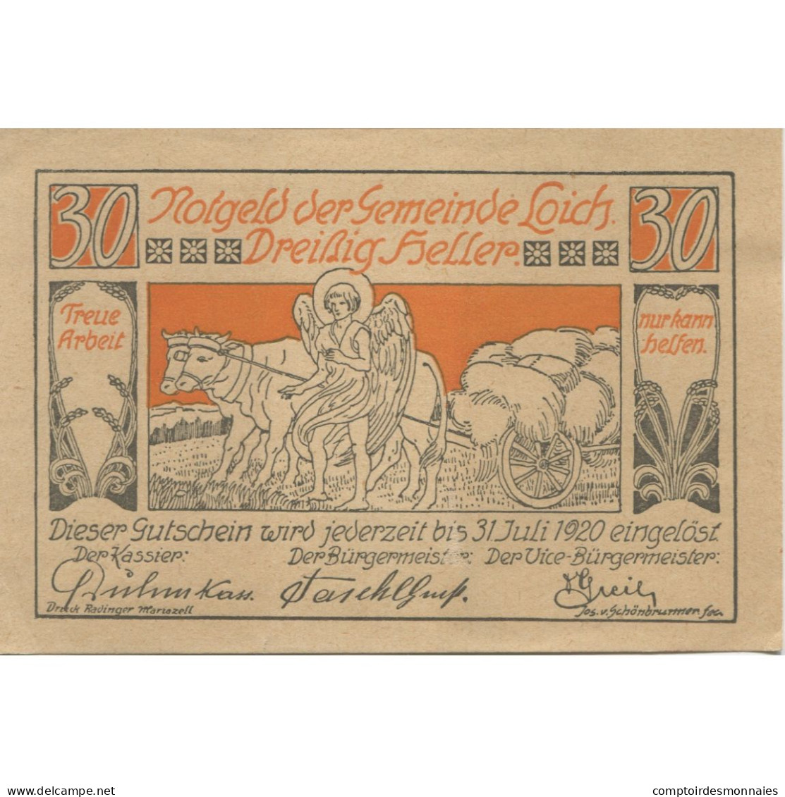 Billet, Autriche, LOICH, 30 Heller, Champs, 1920, 1920-07-31, SPL, Mehl:FS 562 - Autriche