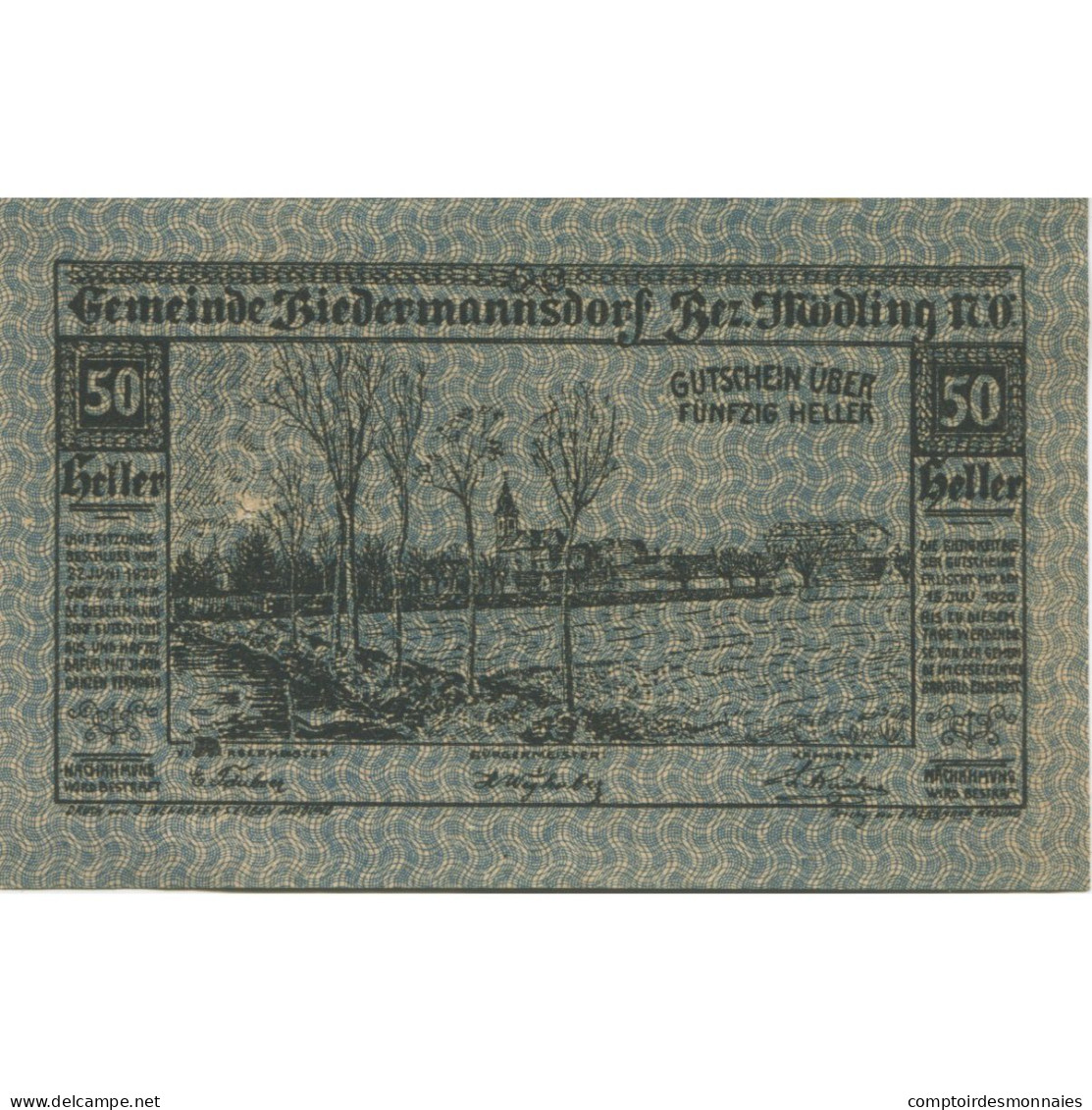 Billet, Autriche, Biedermannsdorf, 50 Heller, Fleuve 1920-07-15, SPL Mehl:FS 87b - Oesterreich