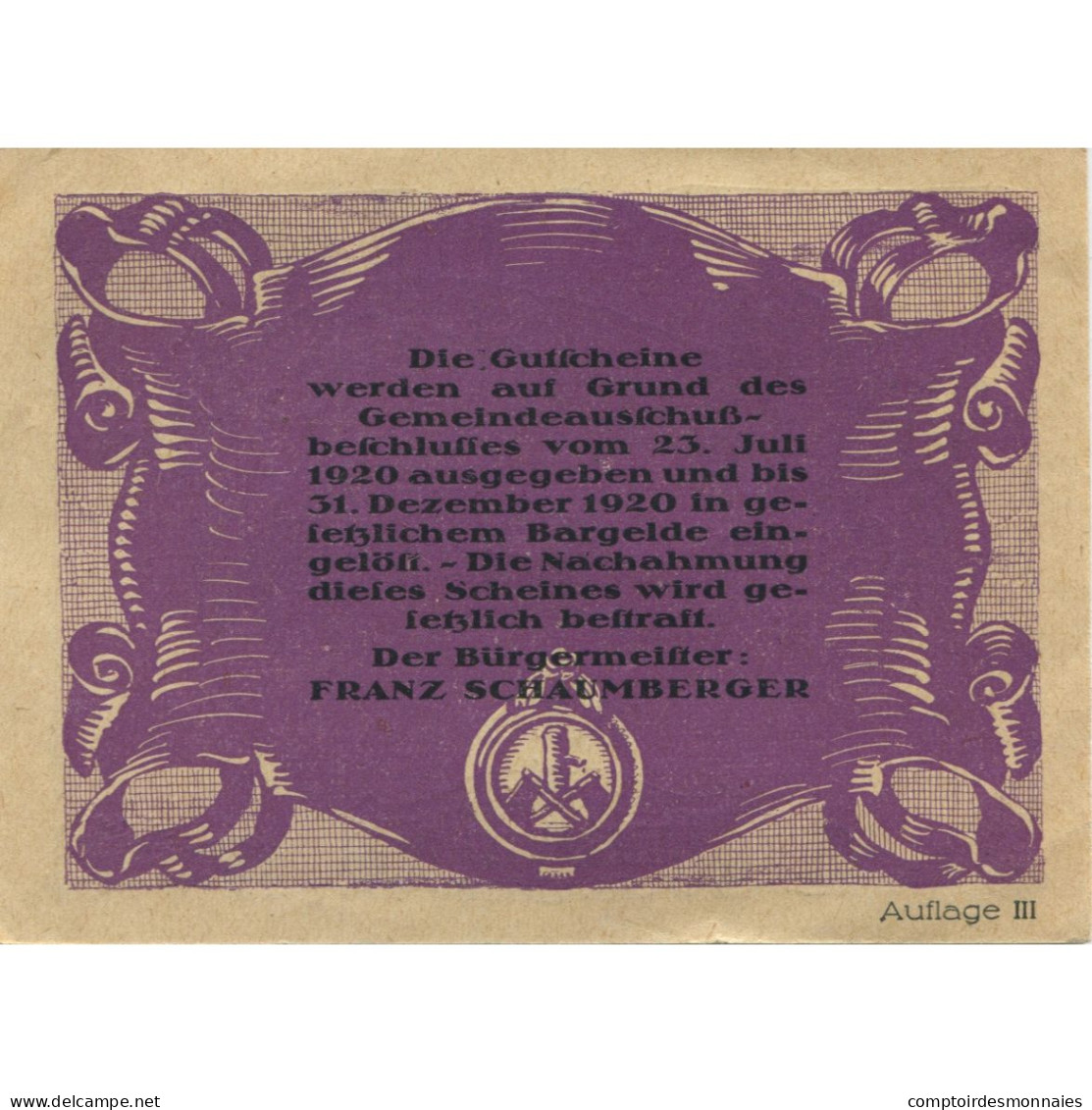 Billet, Autriche, Brunn, 50 Heller, Blason 1920-12-31, SPL Mehl:FS 323IIc - Oesterreich
