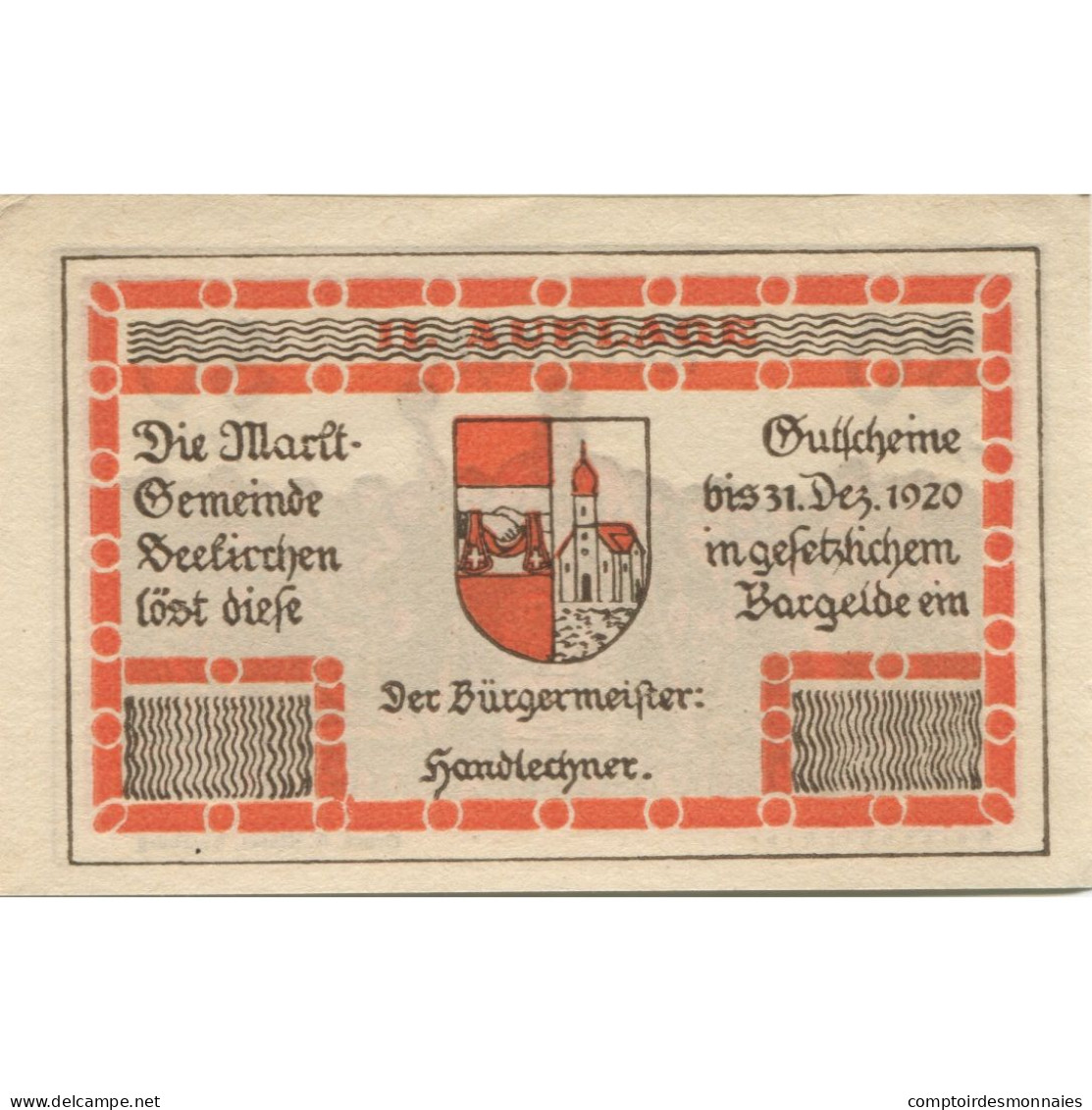 Billet, Autriche, Seekirchen, 80 Heller, Blason 1920-12-31, SPL Mehl:FS 987a - Autriche