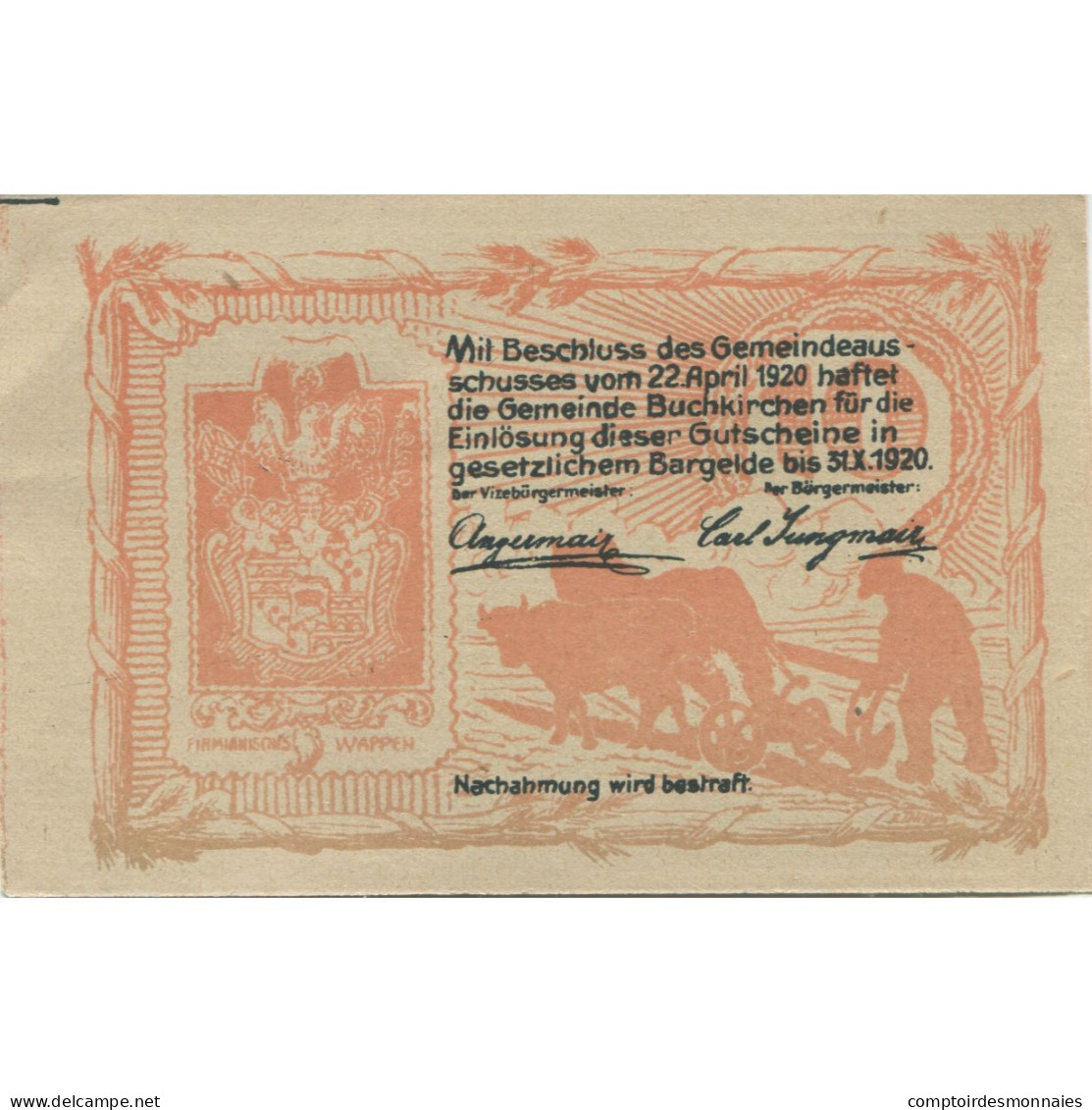 Billet, Autriche, Buchkirchen, 10 Heller, Champs 1920-10-31, SPL, Mehl:FS 114a - Autriche