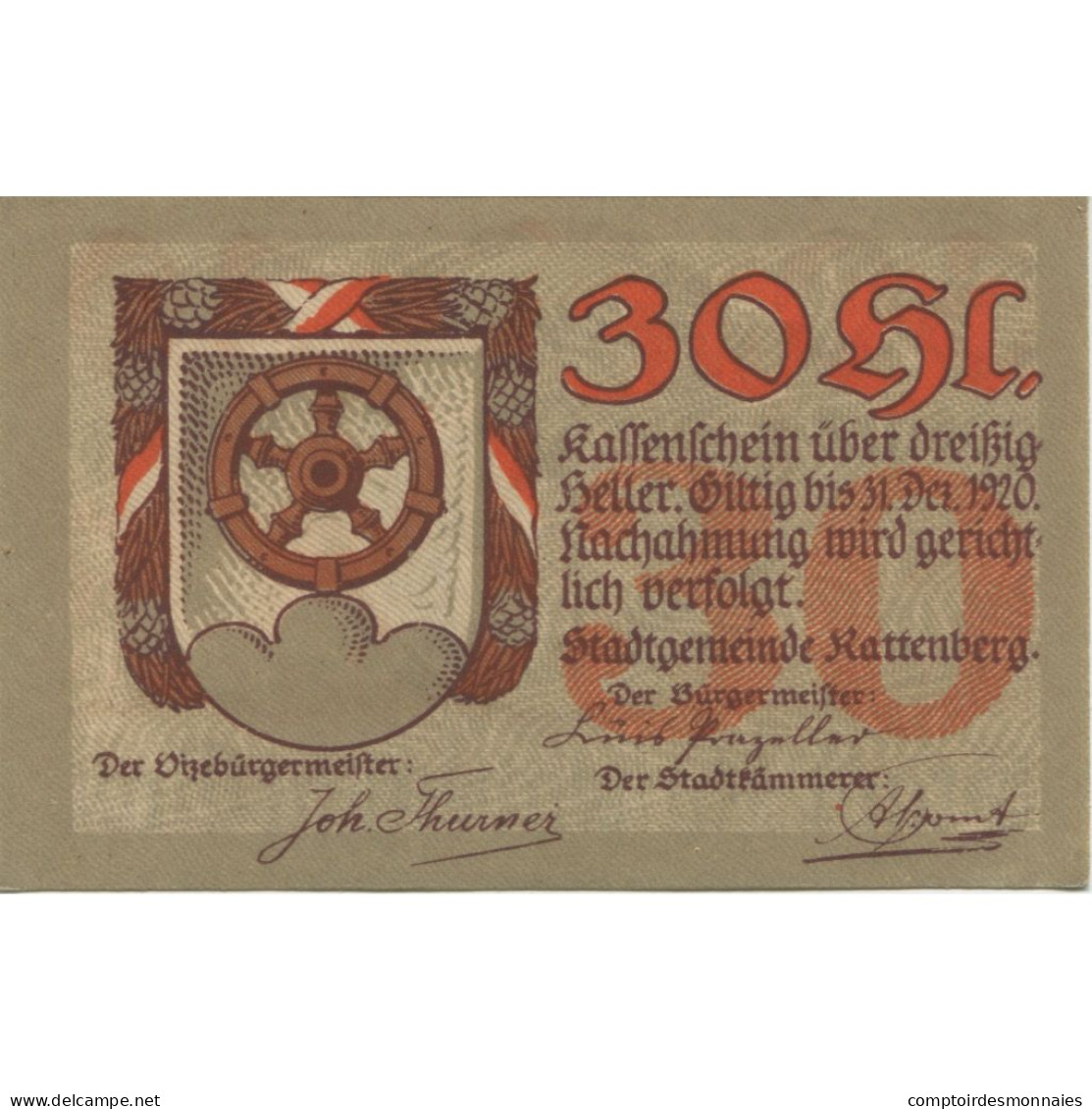 Billet, Autriche, Rattenberg, 30 Heller, Blason 1920-12-31, SPL Mehl:FS 821I - Autriche