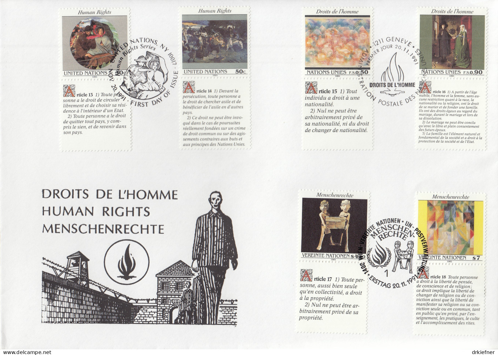 UNO NEW YORK  Trio-FDC 623-624, G 208-209, W 123-124, Menschenrechte, 1991 - FDC