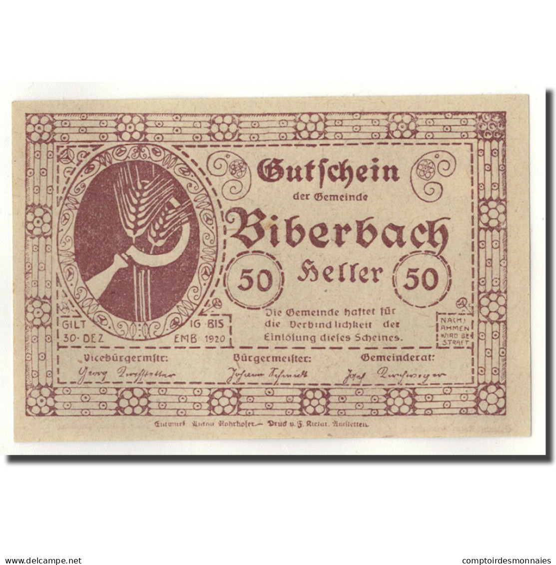 Billet, Autriche, Biberbach, 50 Heller, Paysage, SPL, Mehl:86 IIc - Oesterreich