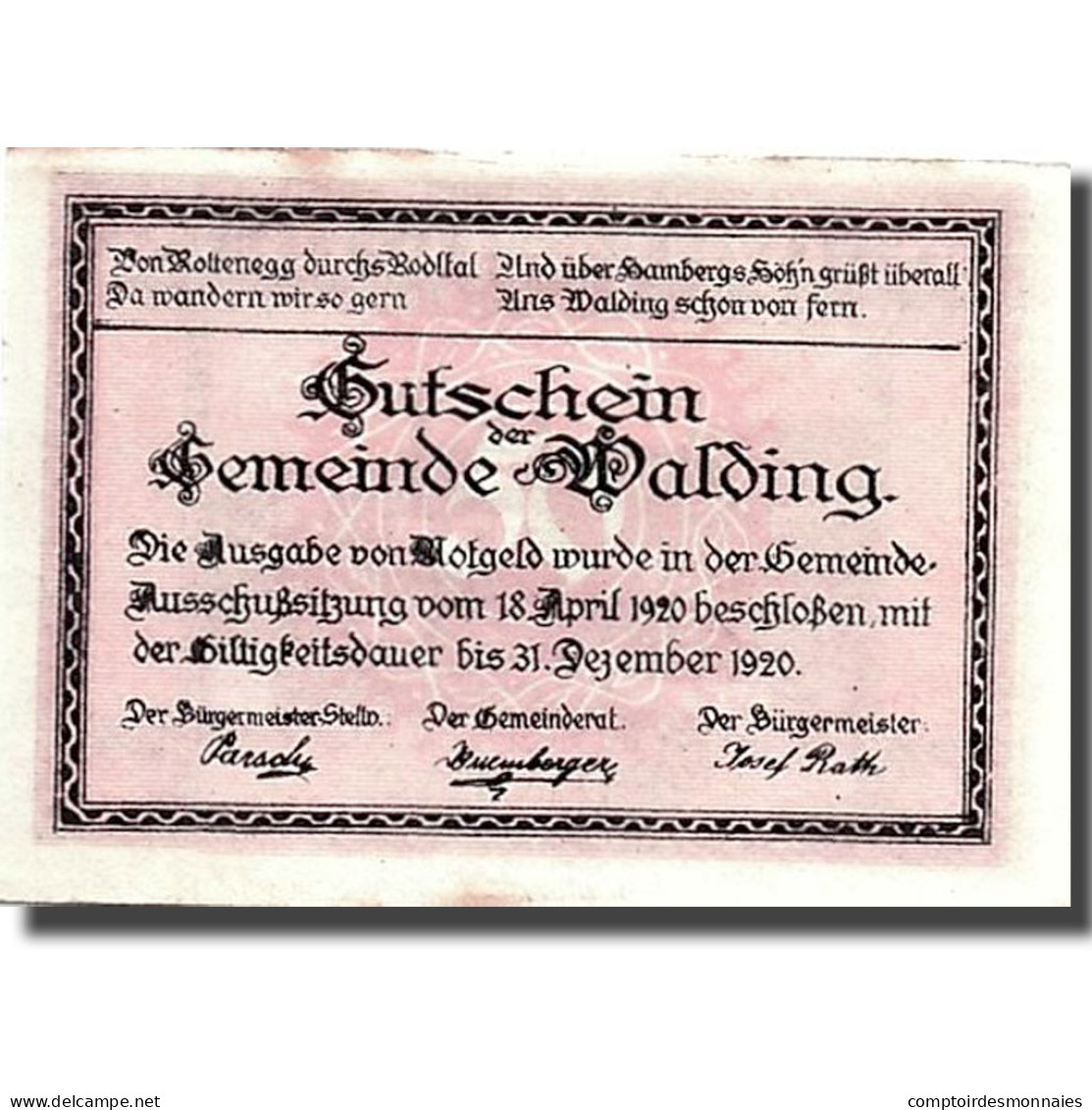 Billet, Autriche, Walding, 50 Heller, Paysage, 1920, 1920-04-18, SPL, Mehl:1132a - Oesterreich