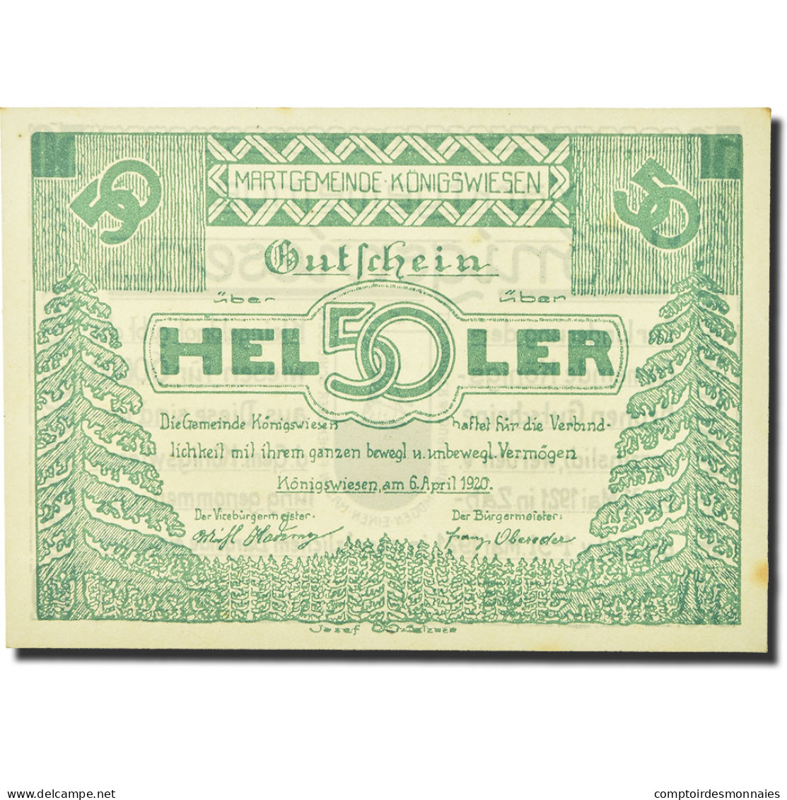 Billet, Autriche, Konigswiesen, 50 Heller, Lapin, 1920, 1920-04-06, SPL, Mehl:FS - Oesterreich