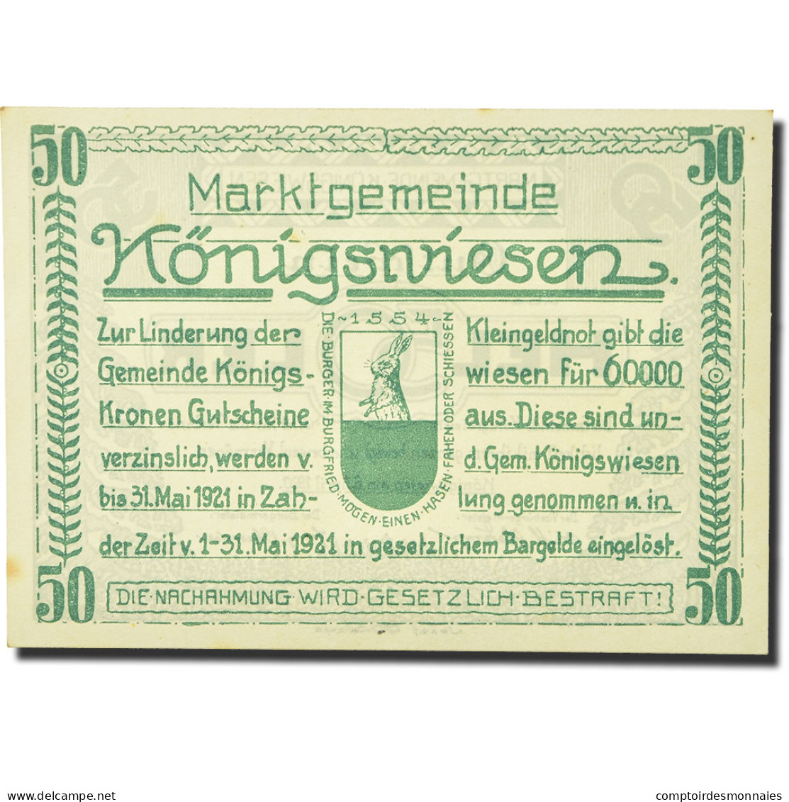 Billet, Autriche, Konigswiesen, 50 Heller, Lapin, 1920, 1920-04-06, SPL, Mehl:FS - Oesterreich