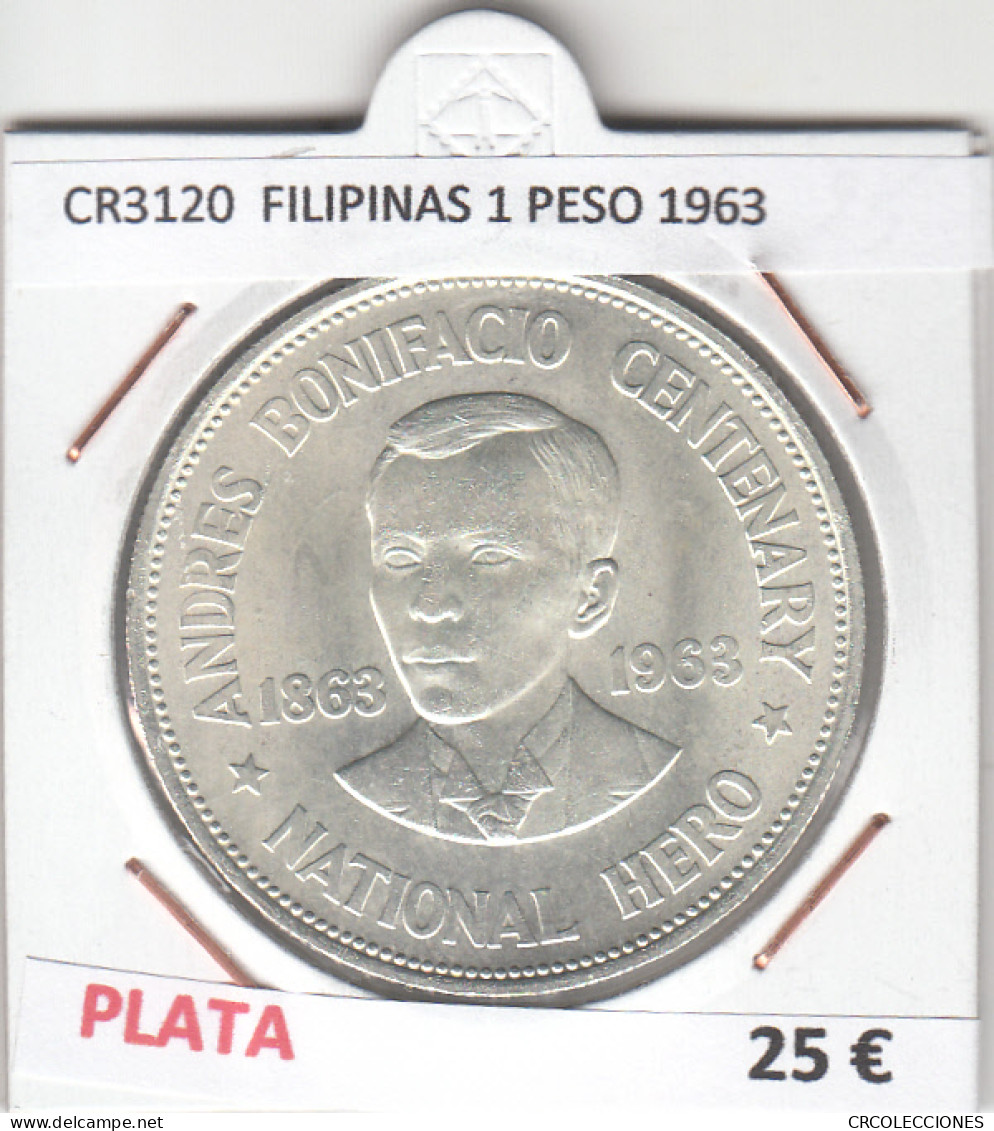 CR3120 MONEDA FILIPINAS 1 PESO 1963 MBC PLATA  - Andere - Azië