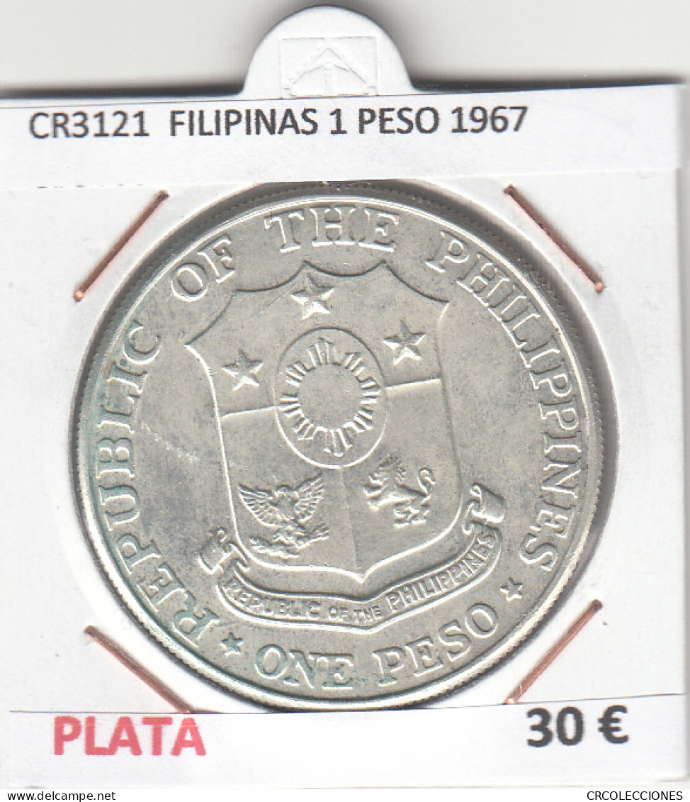 CR3121 MONEDA FILIPINAS 1 PESO 1967 MBC PLATA  - Andere - Azië
