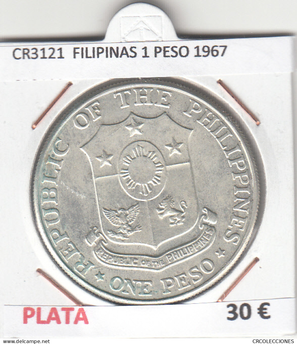 CR3121 MONEDA FILIPINAS 1 PESO 1967 MBC PLATA  - Autres – Asie