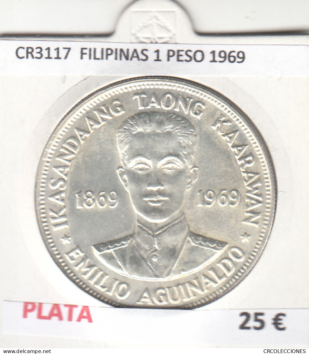 CR3117 MONEDA FILIPINAS 1 PESO 1969 MBC PLATA - Autres – Asie
