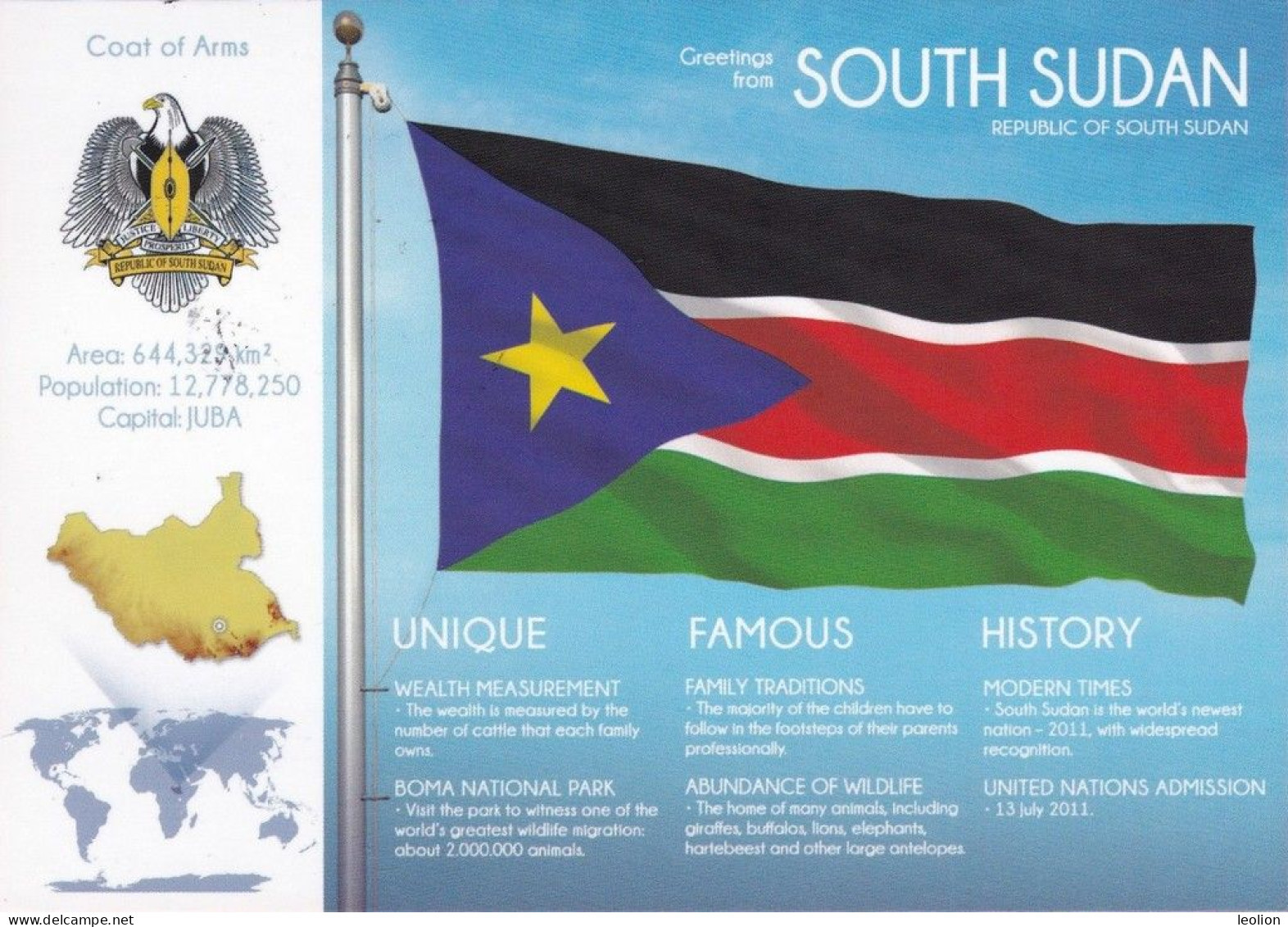 SOUTH SUDAN Cancelled Unadressed 2022 Flags Of The World Postcard FOTW 100 SSP  Overprint Stamp & Südsudan Soudan Du Sud - Enveloppes