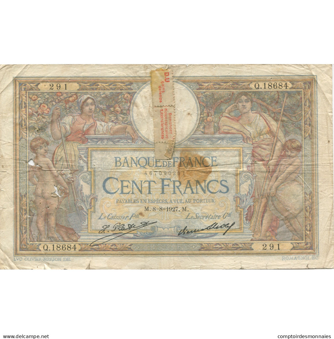 France, 100 Francs, Luc Olivier Merson, 1927, 1927-08-08, TB, Fayette:24.6 - 100 F 1908-1939 ''Luc Olivier Merson''