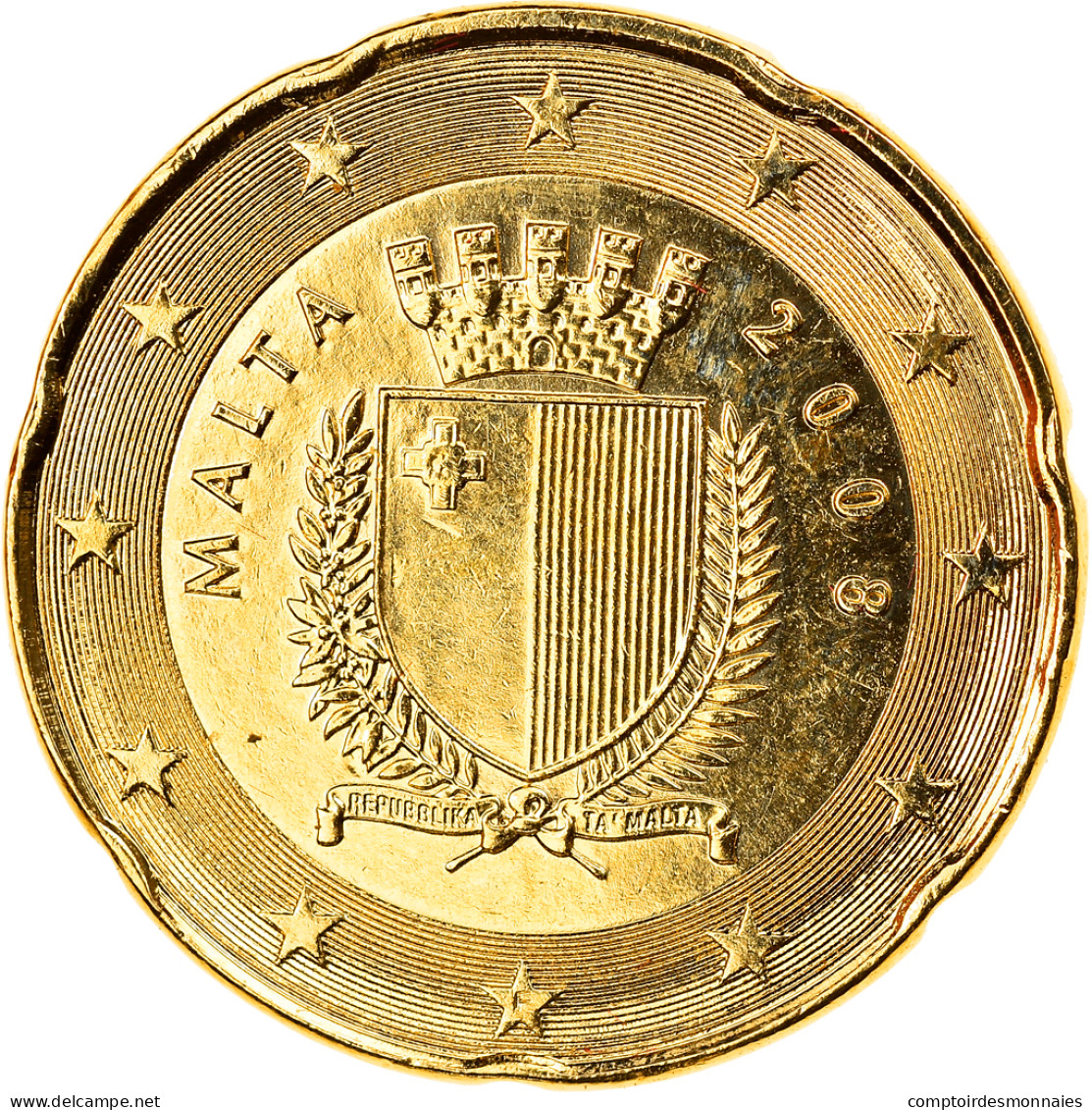 Malte, 20 Euro Cent, 2008, Paris, Gold-plated Coin, SPL, Laiton, KM:129 - Malte