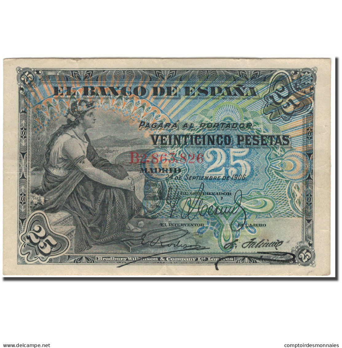 Billet, Espagne, 25 Pesetas, 1906-09-24, KM:57a, TTB - 1-2-5-25 Peseten