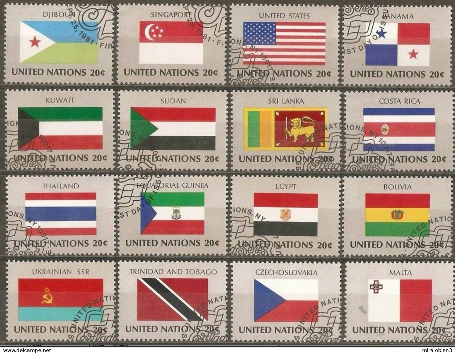 NACIONES UNIDAS BANDERAS YVERT NUM. 341/56 SERIE COMPLETA USADA - Gebraucht