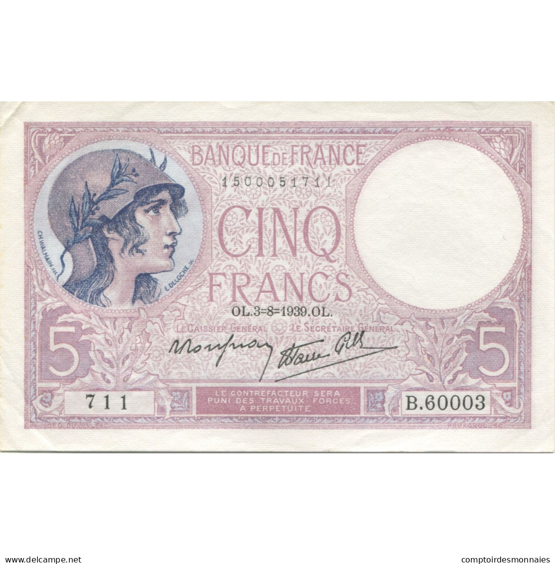 France, 5 Francs, Violet, 1939, 1939-08-03, SUP, Fayette:04.4, KM:83 - 5 F 1917-1940 ''Violet''