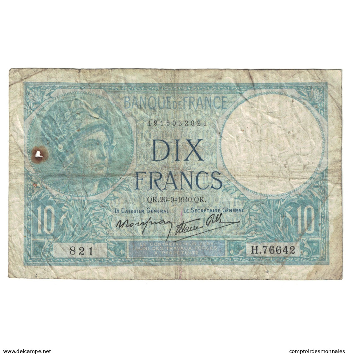 France, 10 Francs, Minerve, 1940, 1940-09-26, TB, Fayette:07.15, KM:84 - 10 F 1916-1942 ''Minerve''