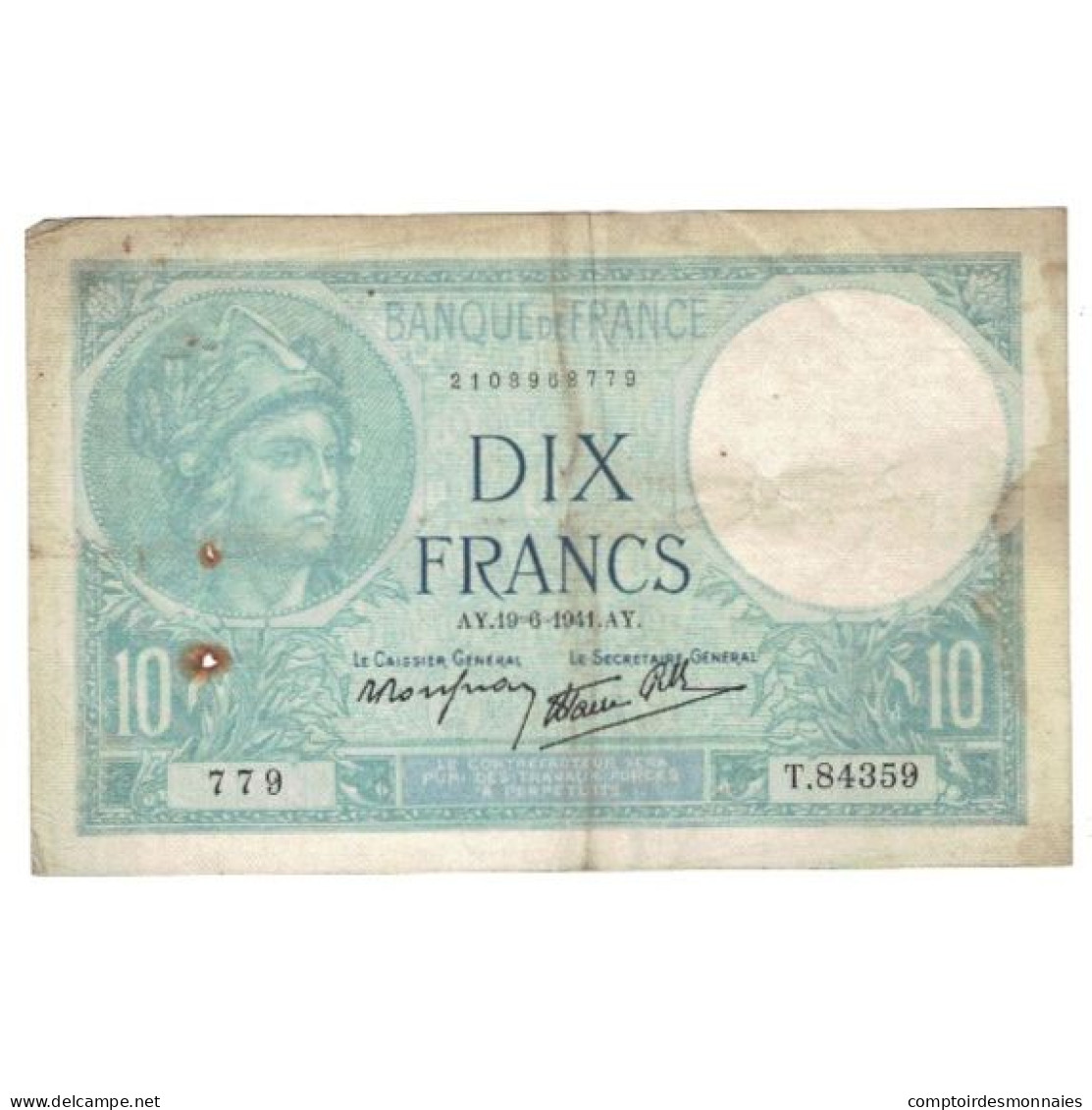 France, 10 Francs, Minerve, 1940, 1940-12-12, TB+, Fayette:07.29, KM:84 - 10 F 1916-1942 ''Minerve''