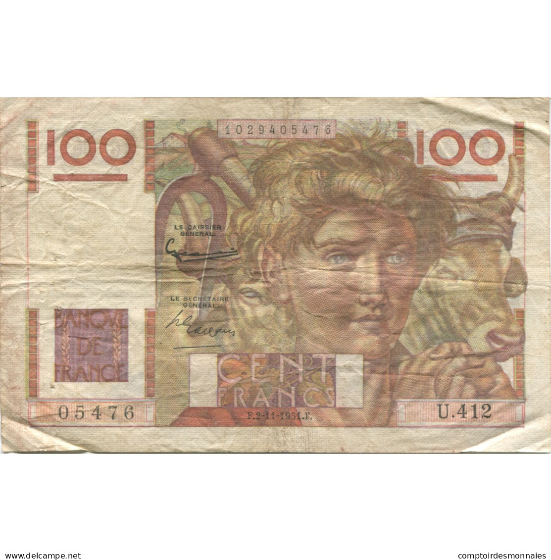 France, 100 Francs, Jeune Paysan, 1951, 1951-11-02, TB+, Fayette:28.30, KM:128d - 100 F 1945-1954 ''Jeune Paysan''