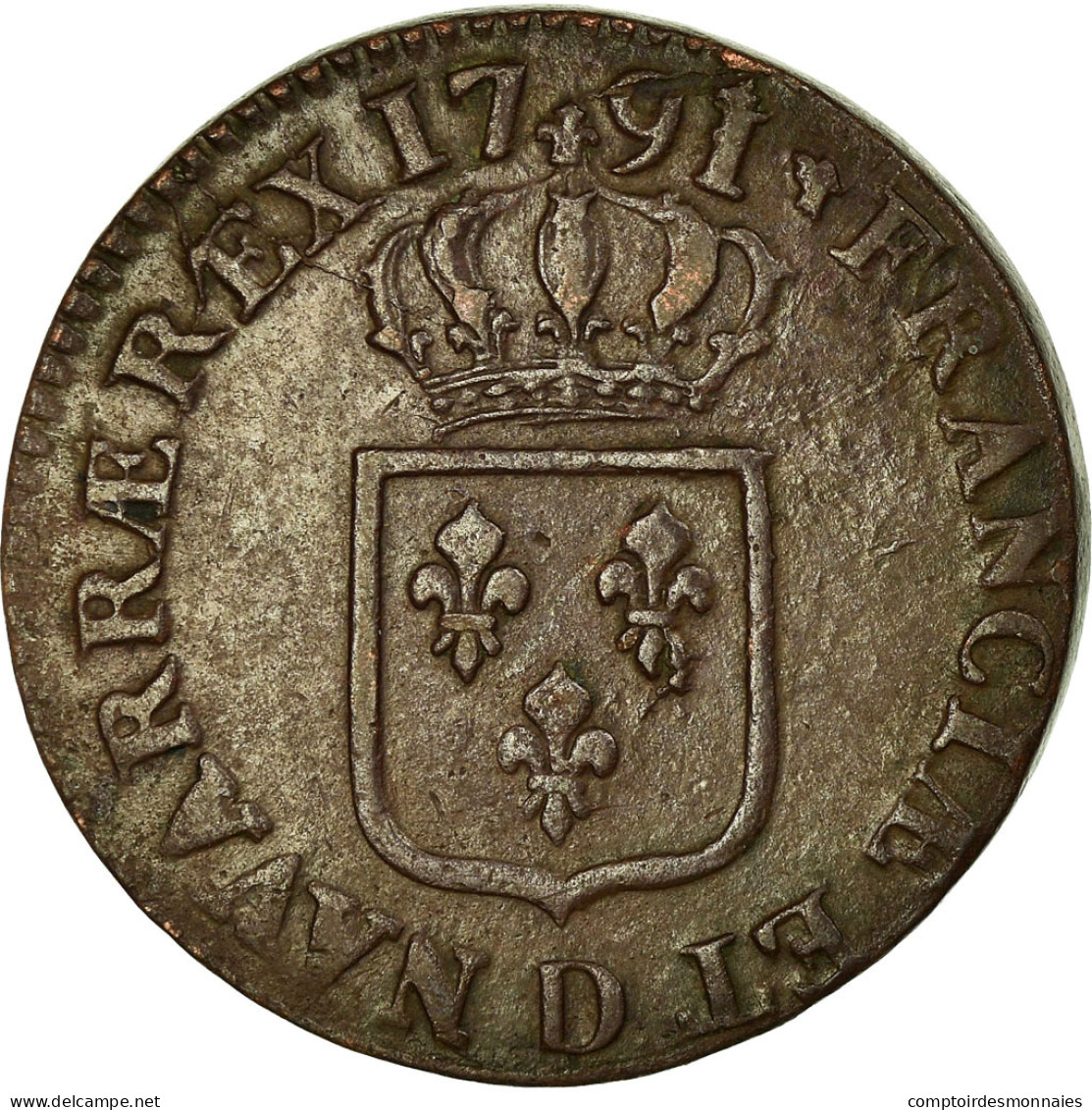 Monnaie, France, Louis XVI, Sol à L'Ecu, 1791, Lyon, TTB, Cuivre, Gadoury:350 - 1715-1774 Louis XV Le Bien-Aimé