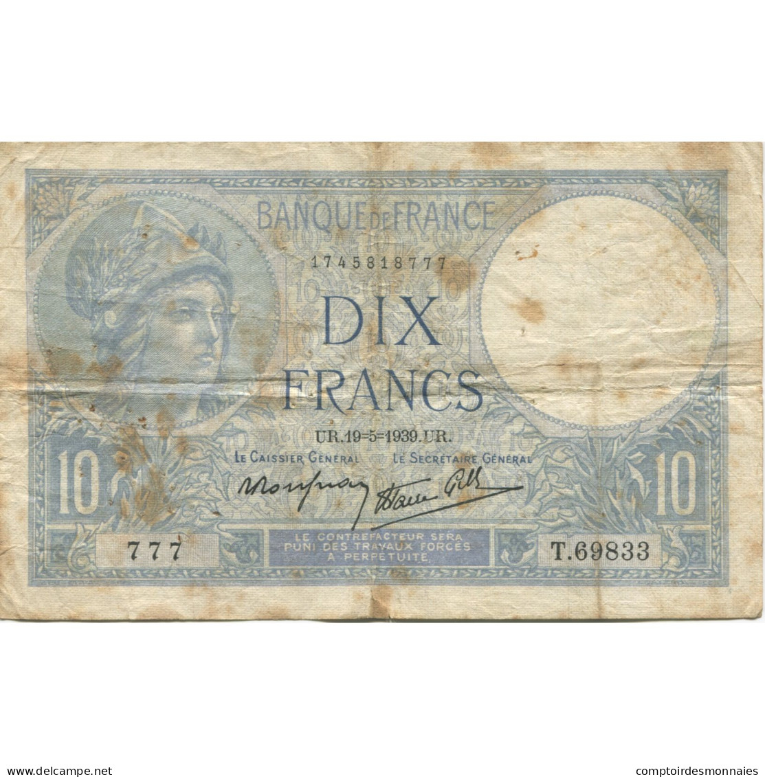 France, 10 Francs, Minerve, 1939, 1939-05-19, TB, Fayette:07.03, KM:84 - 10 F 1916-1942 ''Minerve''