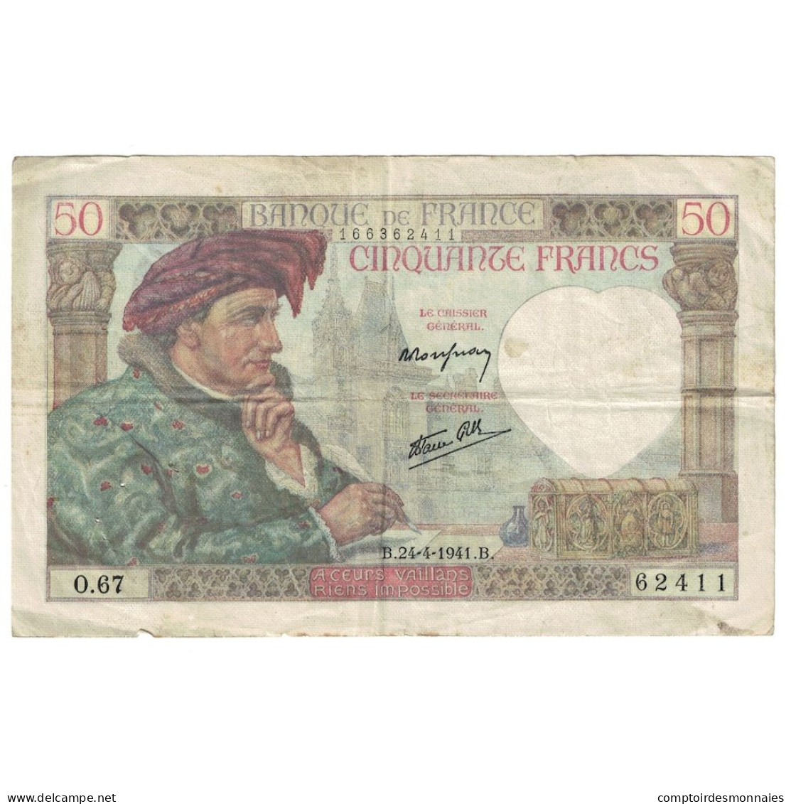 France, 50 Francs, Jacques Coeur, 1941, O.67, TTB, Fayette:19.9, KM:93 - 50 F 1940-1942 ''Jacques Coeur''