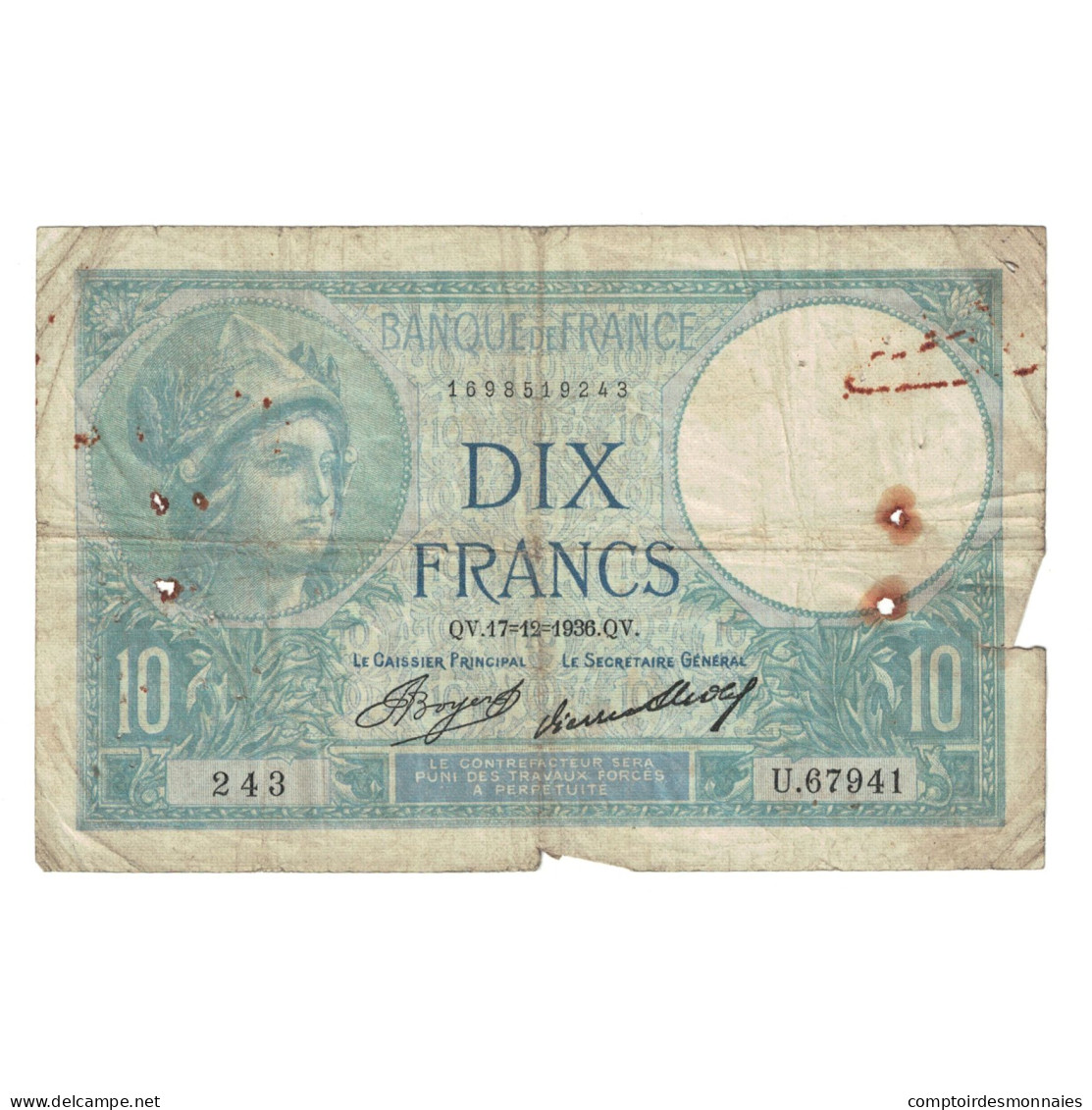 France, 10 Francs, Minerve, 1936, 1936-12-17, B+, Fayette:6.17, KM:73e - 10 F 1916-1942 ''Minerve''