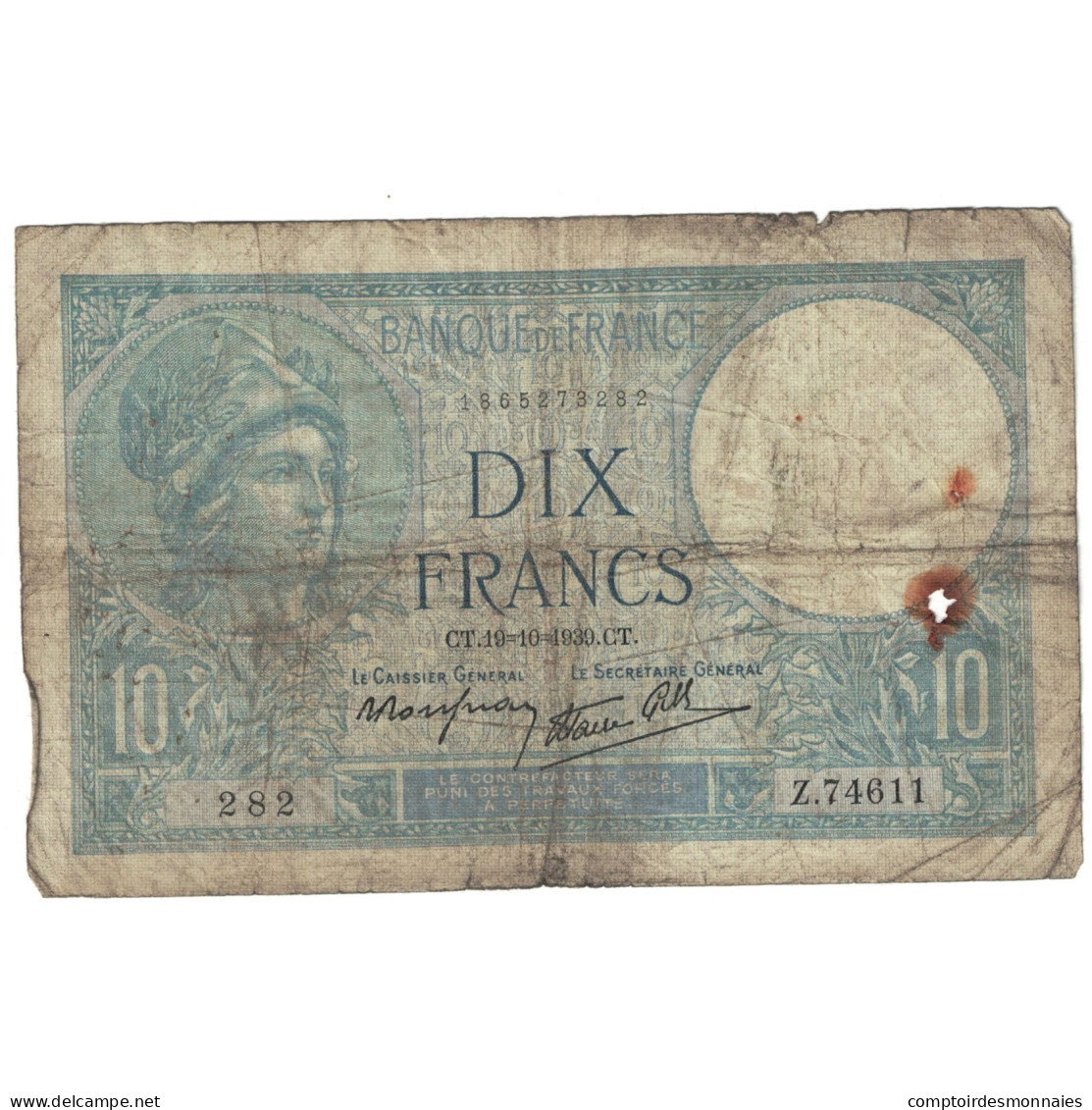 France, 10 Francs, Minerve, 1939, 1939-10-19, B, Fayette:07.12, KM:84 - 10 F 1916-1942 ''Minerve''