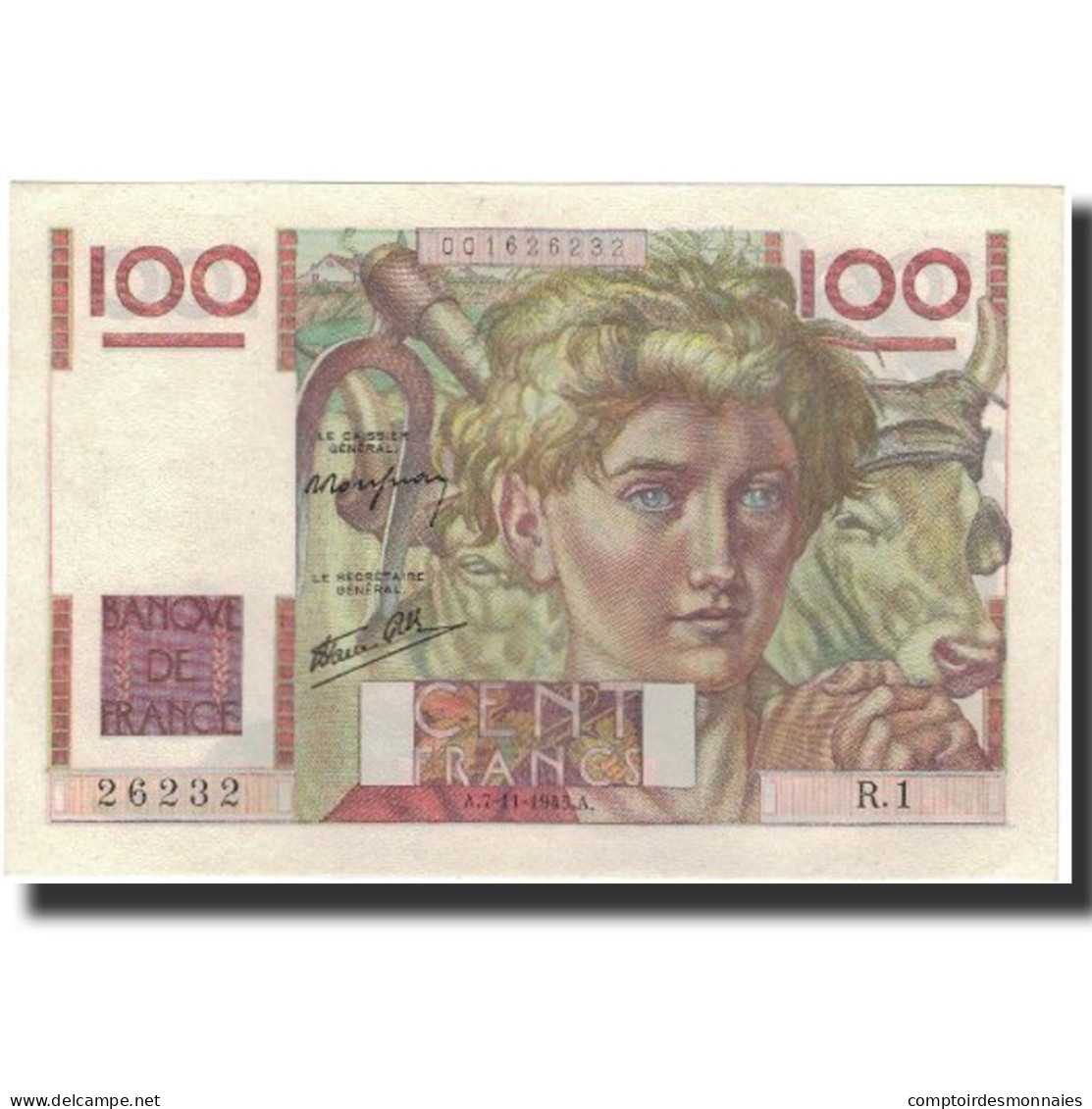 France, 100 Francs, 1945-11-07, SPL+, Fayette:28.1, KM:128a - 100 F 1945-1954 ''Jeune Paysan''