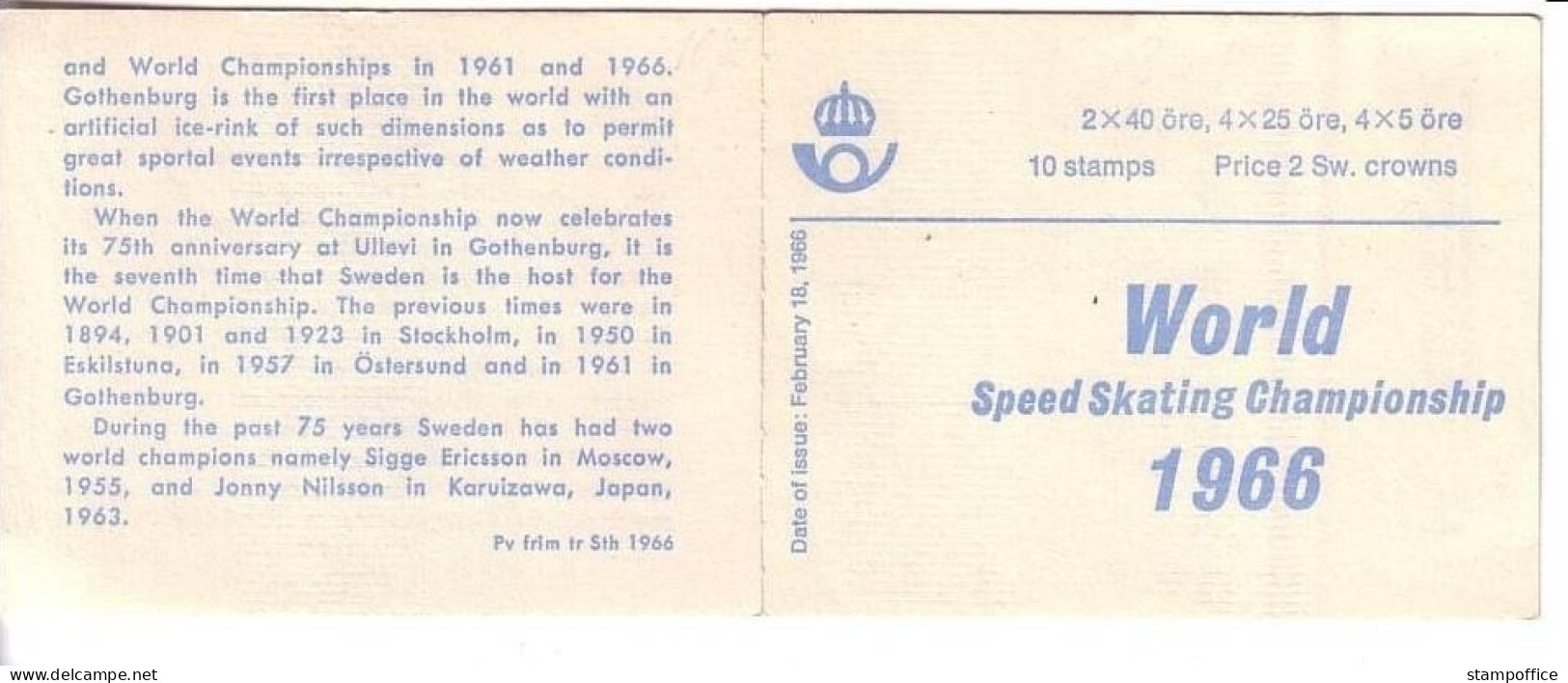 SCHWEDEN MH 10 II POSTFRISCH(MINT) WELTMEISTERSCHAFT Im EISSCHNELLAUF 1966 - 1951-80