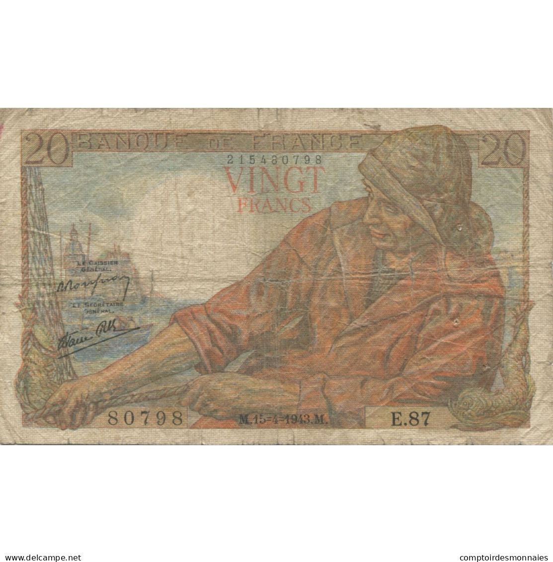 France, 20 Francs, Pêcheur, 1943, 1943-04-15, B+, Fayette:13.6, KM:100a - 20 F 1942-1950 ''Pêcheur''