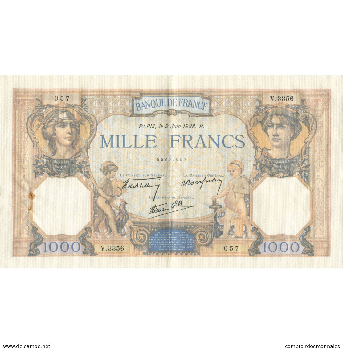 France, 1000 Francs, Cérès Et Mercure, 1938, 1938-06-02, SUP, Fayette:38.17 - 1 000 F 1927-1940 ''Cérès E Mercure''