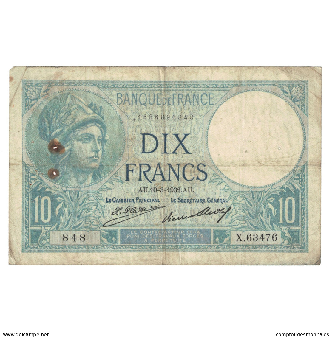 France, 10 Francs, Minerve, 1932, 1932-03-10, TB, Fayette:06.16, KM:73d - 10 F 1916-1942 ''Minerve''
