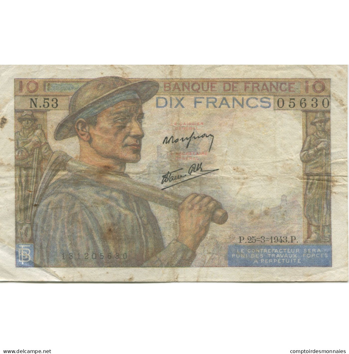 France, 10 Francs, Mineur, 1943, 1943-03-25, TB, Fayette:08.08, KM:99e - 10 F 1941-1949 ''Mineur''