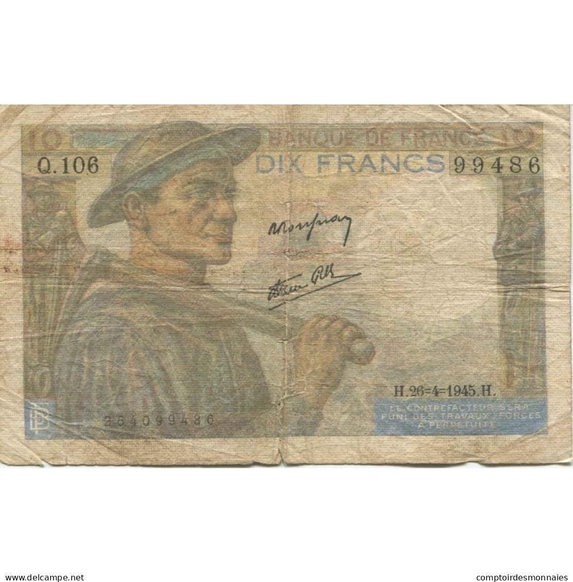 France, 10 Francs, Mineur, 1945, 1945-04-26, TB, Fayette:08.14, KM:99e - 10 F 1941-1949 ''Mineur''