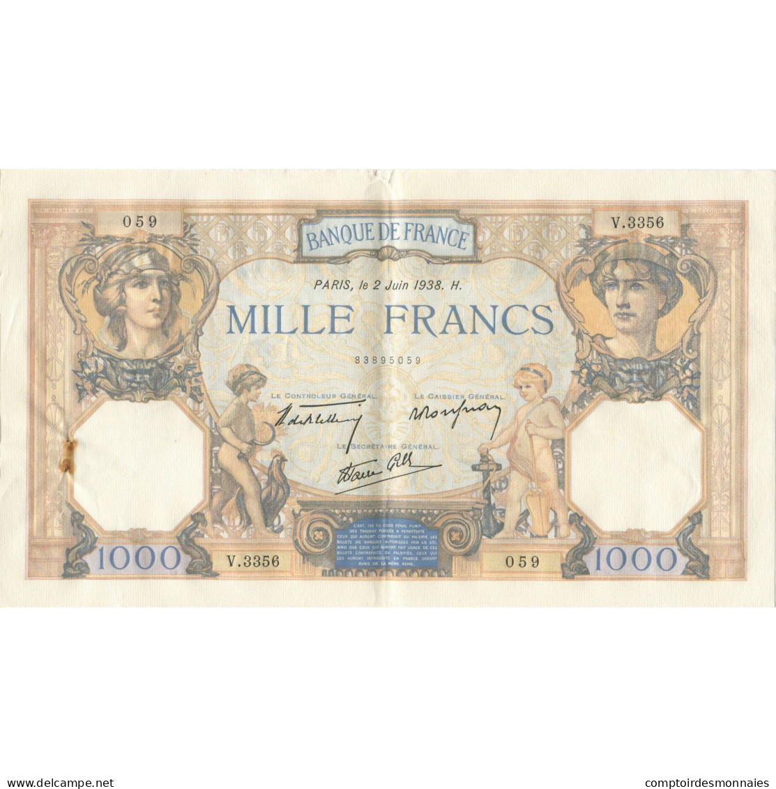 France, 1000 Francs, Cérès Et Mercure, 1938, 1938-06-02, SUP, Fayette:38.17 - 1 000 F 1927-1940 ''Cérès Et Mercure''