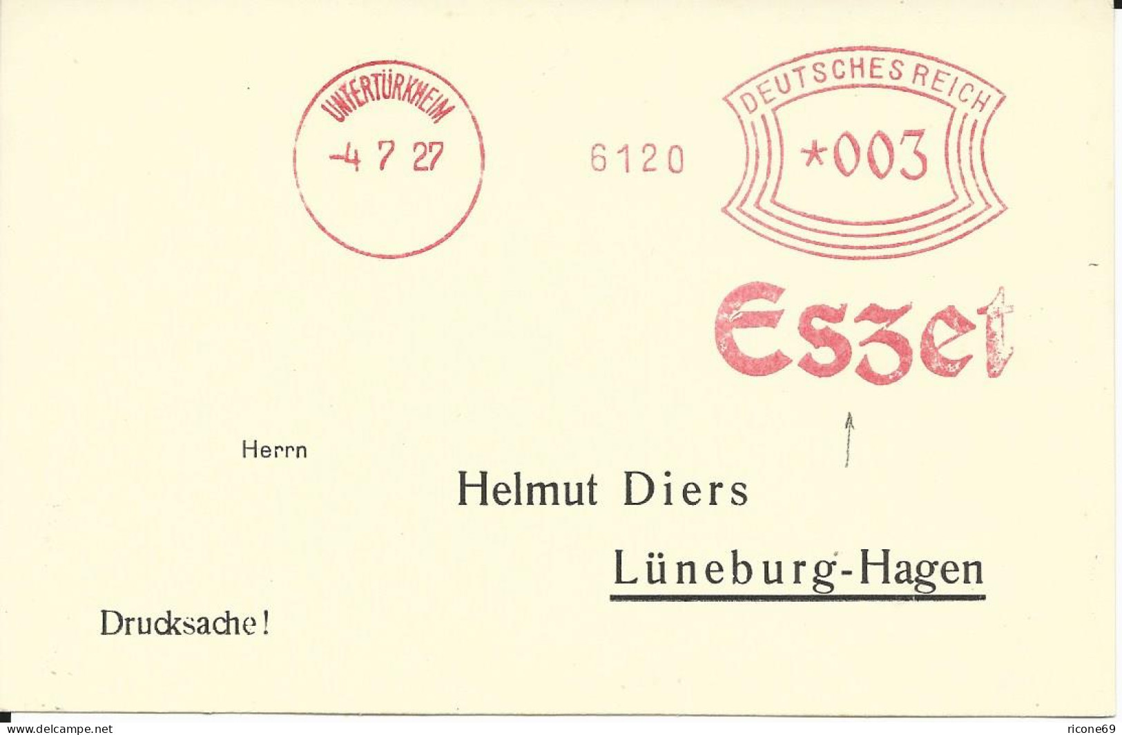 DR 1927, Maschinen Freistempel Eszet Untertürkheim Auf Blanco Karte - Otros & Sin Clasificación