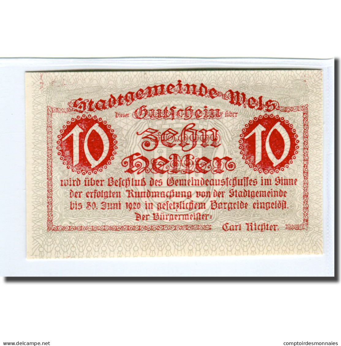 Billet, Autriche, Wels, 10 Heller, Batiment, 1920, SPL, Mehl:1167Ic - Austria