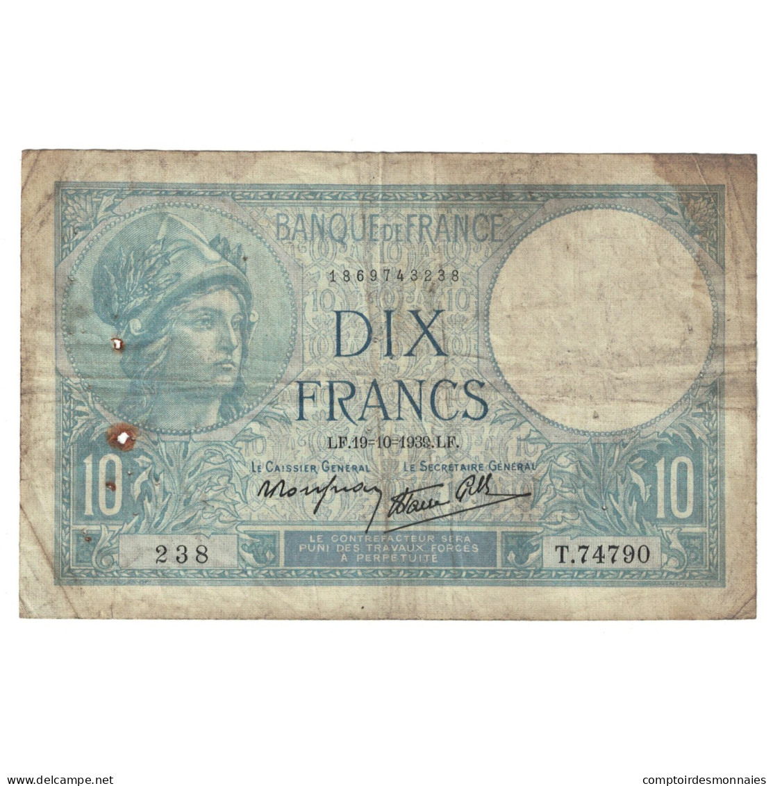 France, 10 Francs, Minerve, 1939, 1939-10-19, TB, Fayette:07.12, KM:84 - 10 F 1916-1942 ''Minerve''