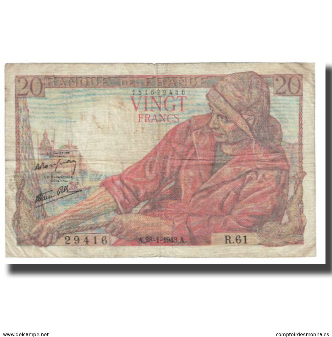 France, 20 Francs, Pêcheur, 1943, P. Rousseau And R. Favre-Gilly, 1943-01-28 - 20 F 1942-1950 ''Pêcheur''