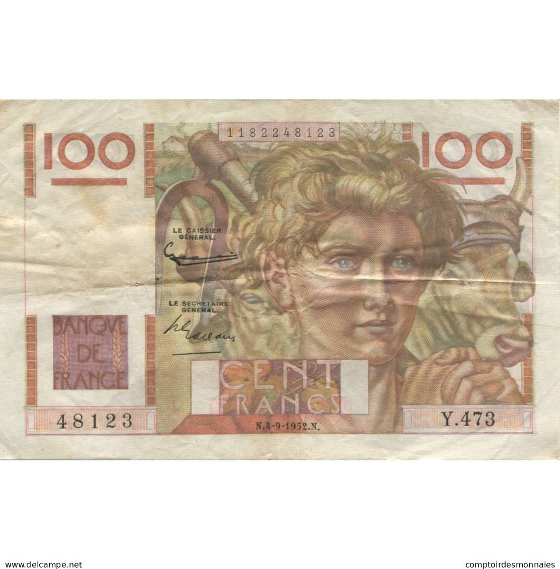 France, 100 Francs, Jeune Paysan, 1951, 1951-09-06, TTB, Fayette:28.29, KM:128d - 100 F 1945-1954 ''Jeune Paysan''