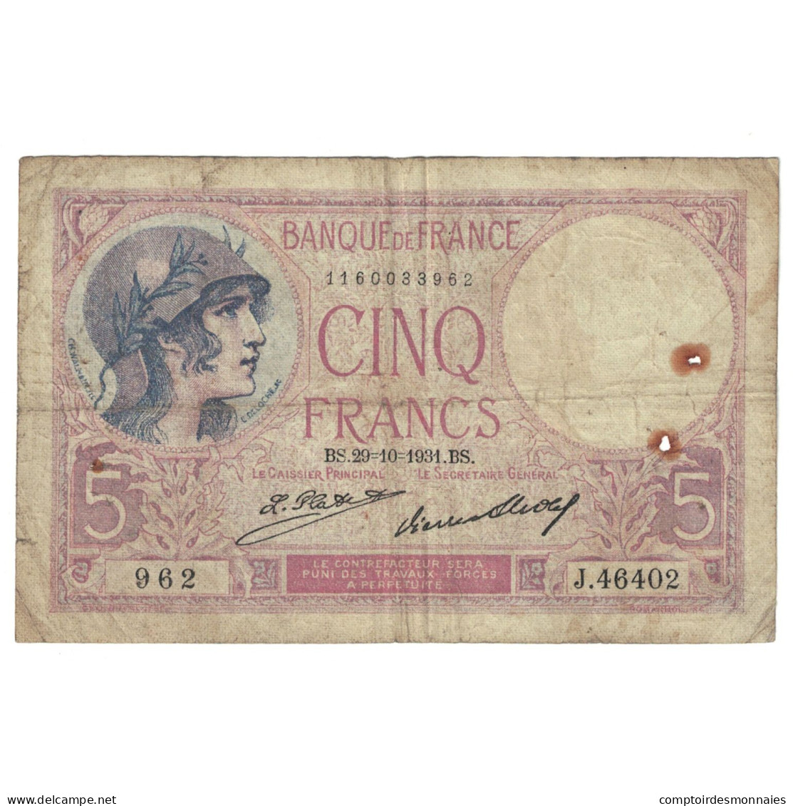 France, 5 Francs, Violet, 1931, 1931-10-29, TB, Fayette:3.15, KM:72d - 5 F 1917-1940 ''Violet''